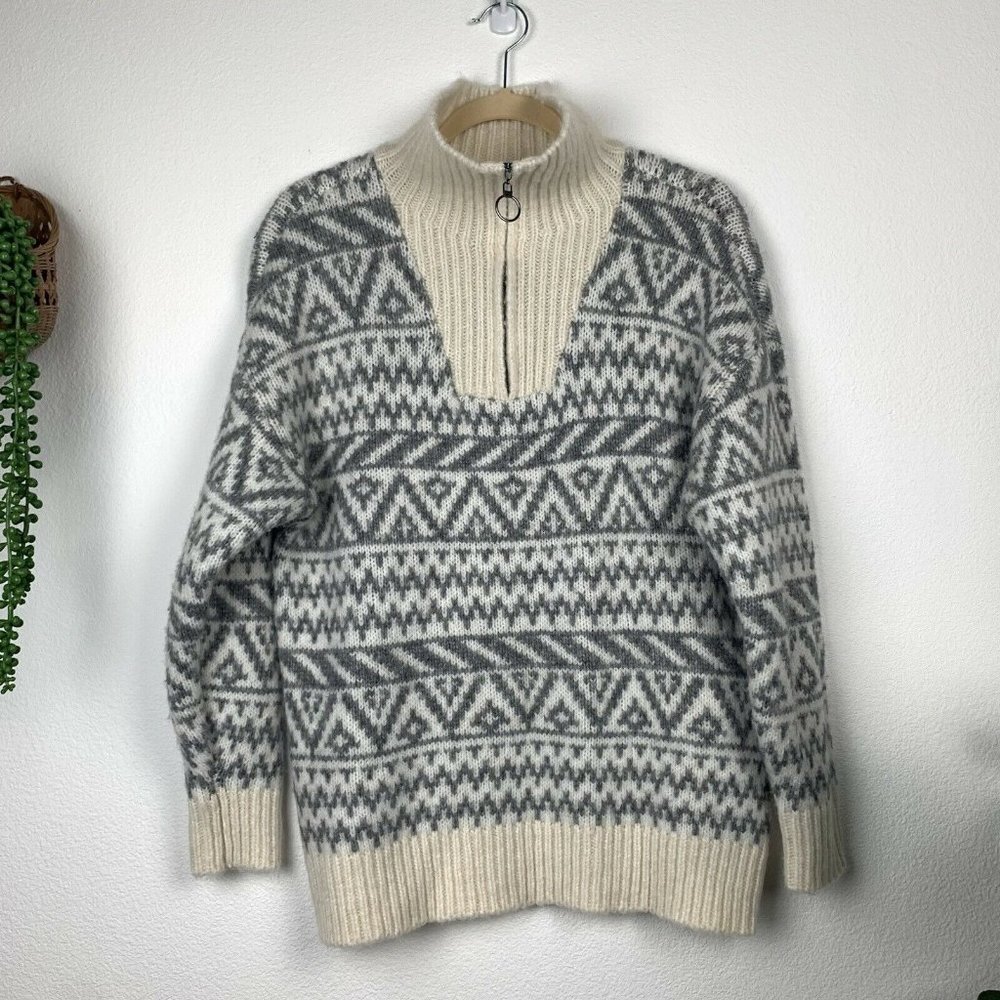 Aerie XS Oversized Gray Ivory cream Fair Isle Chunky Knit Sweater Top - Picture 2 of 7